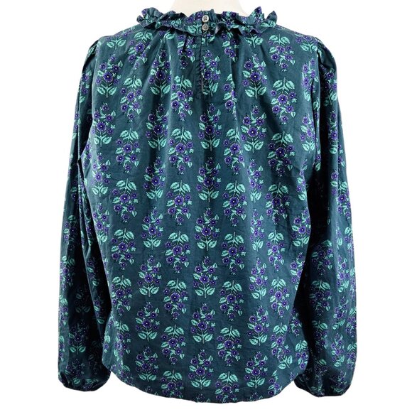 J. Crew Dark Teal Floral Long Sleeve Ruffleneck Poplin Blouse Romantic CD288 - Picture 2 of 10